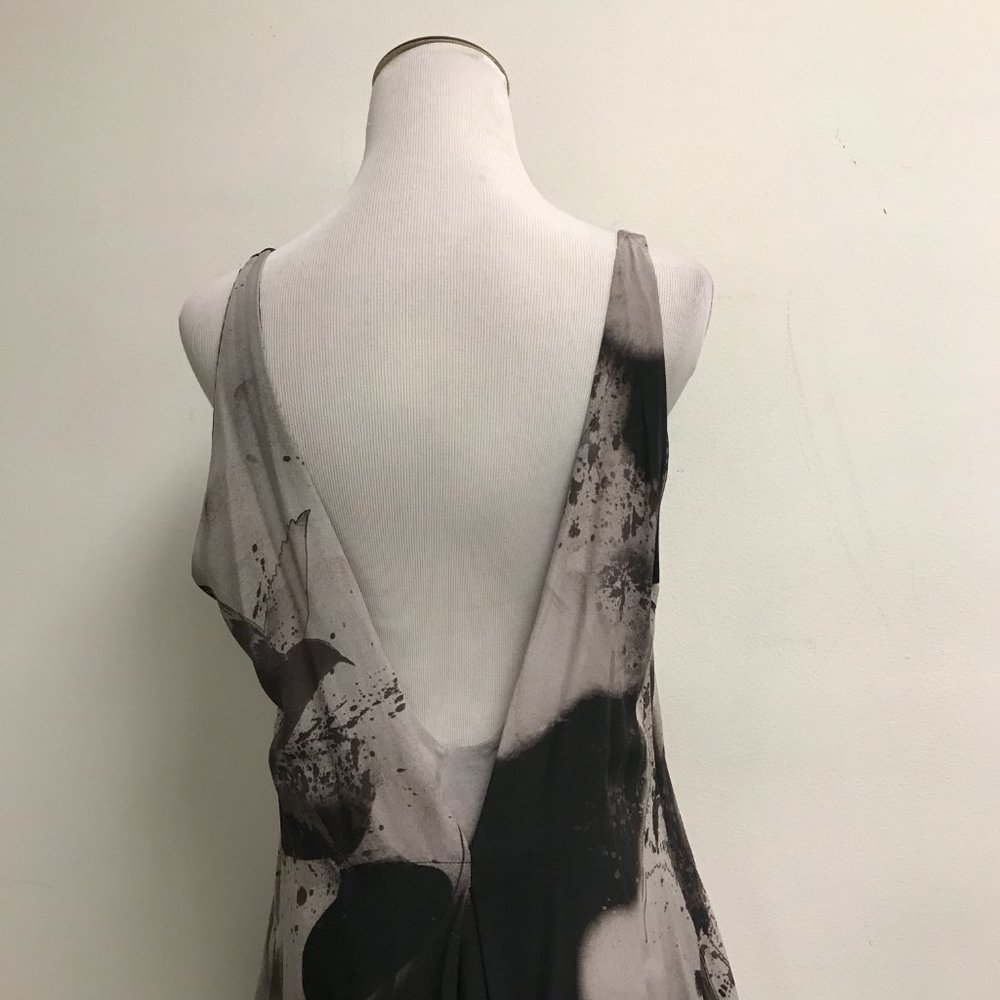 Diesel black gold silk sleeveless loose fit dress bird gray print low back L - Picture 6 of 9